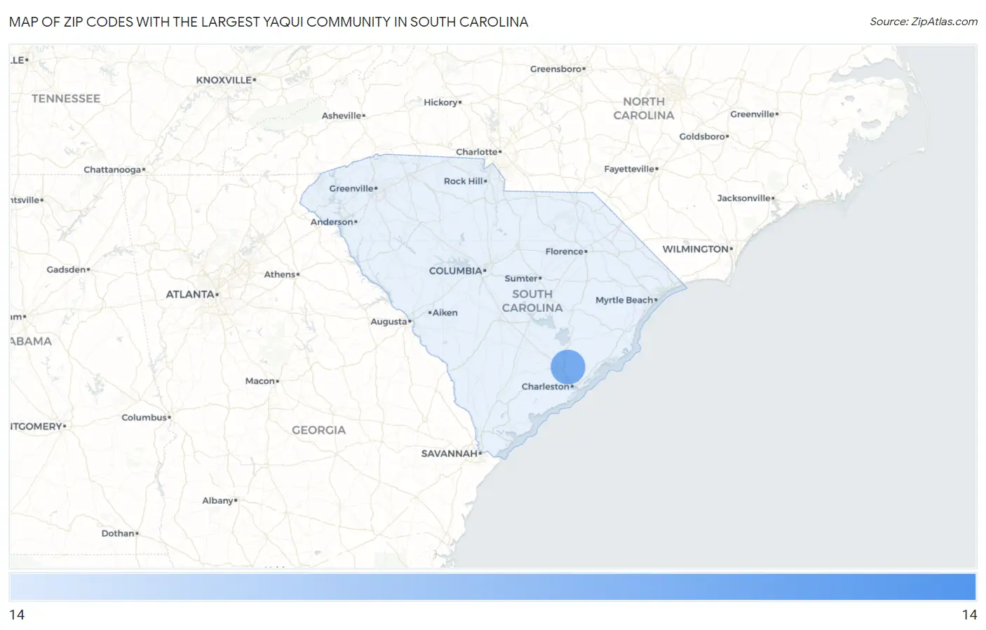 Zip Codes with the Largest Yaqui Community in South Carolina Map