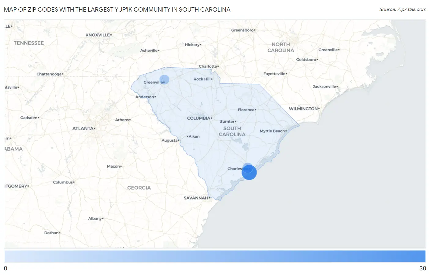 Zip Codes with the Largest Yup'ik Community in South Carolina Map