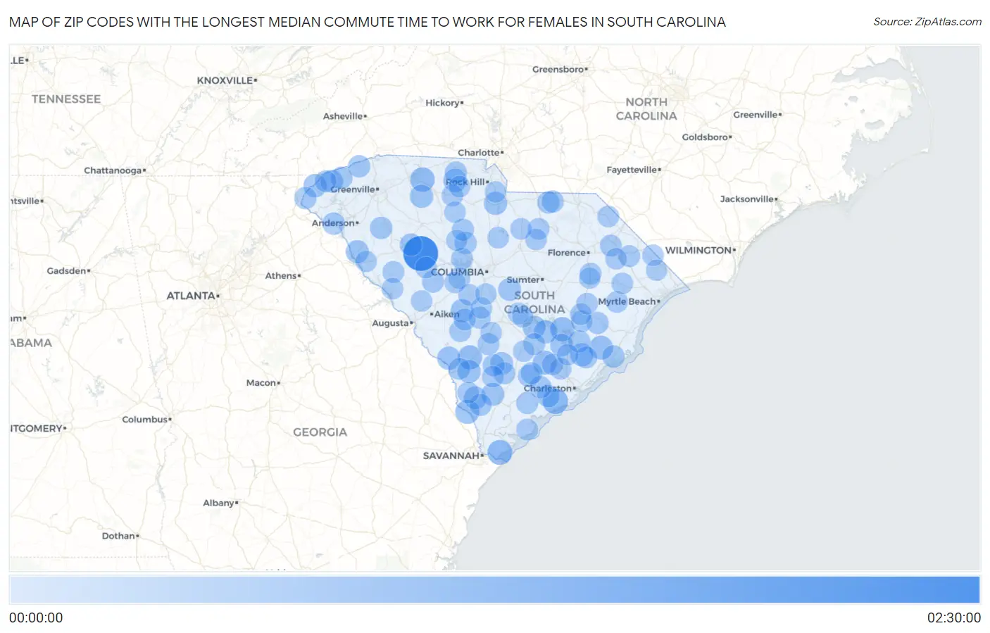 Zip Codes with the Longest Median Commute Time to Work for Females in South Carolina Map