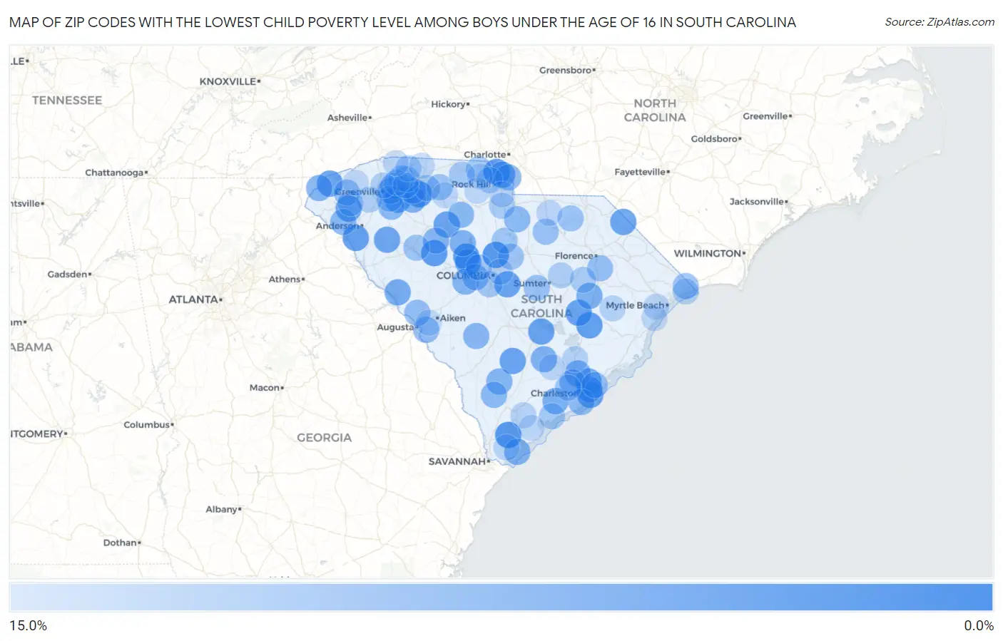 Zip Codes with the Lowest Child Poverty Level Among Boys Under the Age of 16 in South Carolina Map
