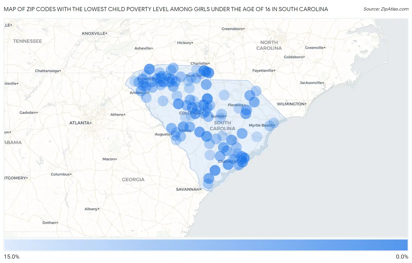 Zip Codes with the Lowest Child Poverty Level Among Girls Under the Age of 16 in South Carolina Map