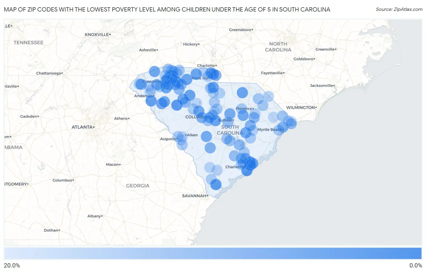 Zip Codes with the Lowest Poverty Level Among Children Under the Age of 5 in South Carolina Map