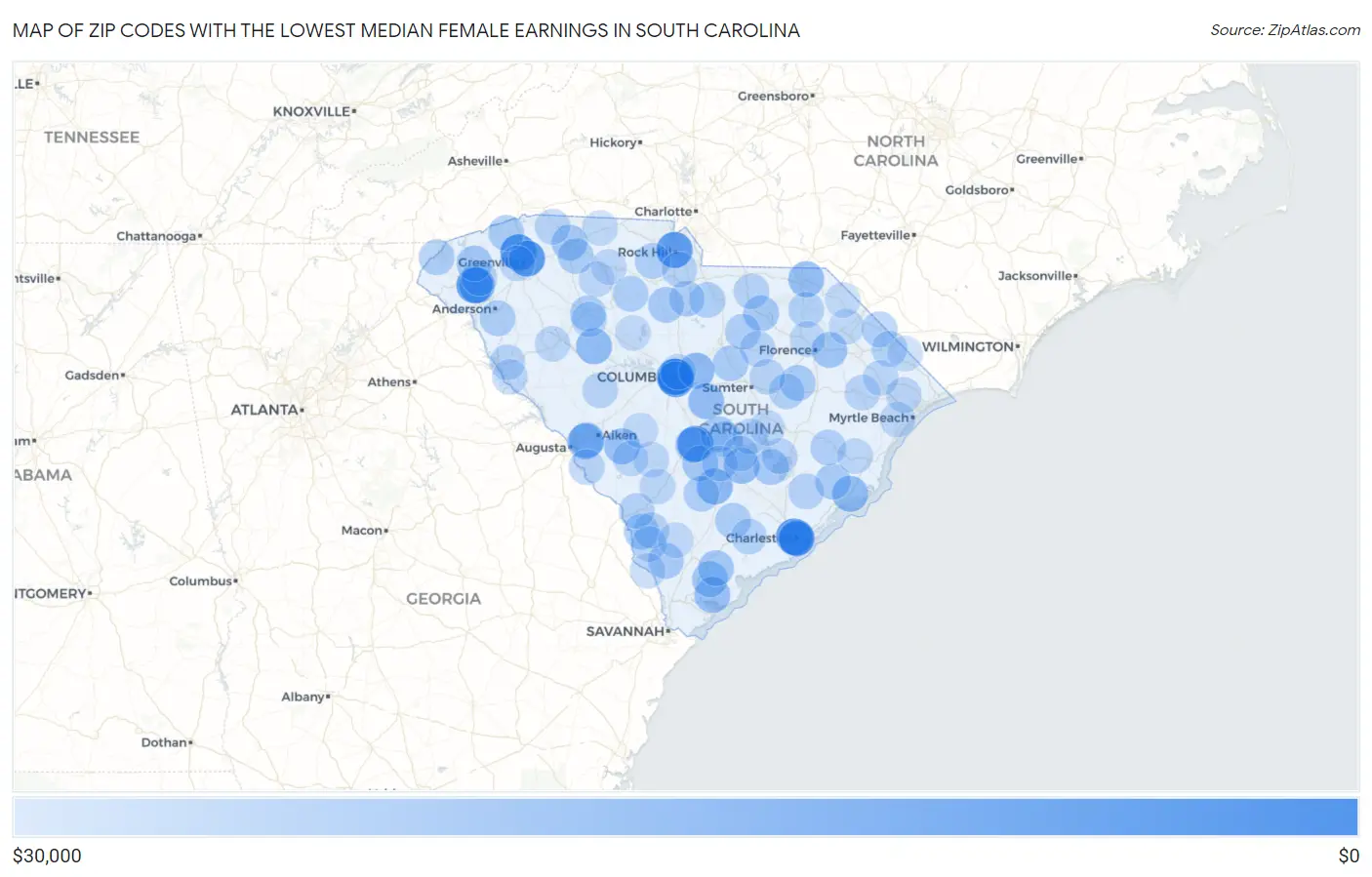Zip Codes with the Lowest Median Female Earnings in South Carolina Map
