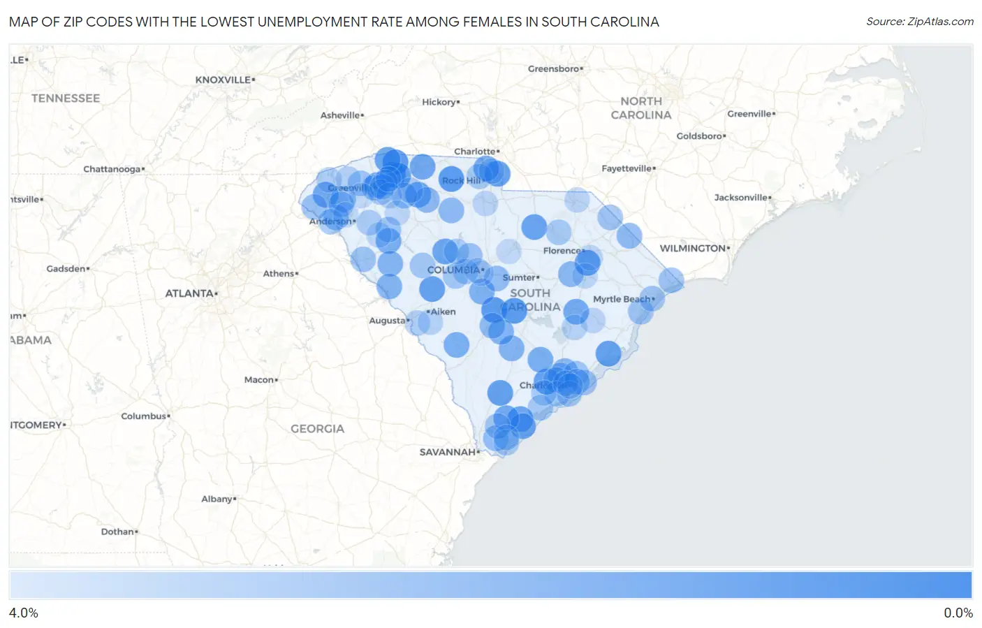 Zip Codes with the Lowest Unemployment Rate Among Females in South Carolina Map