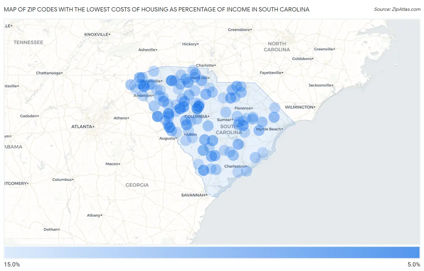 Zip Codes with the Lowest Costs of Housing as Percentage of Income in South Carolina Map