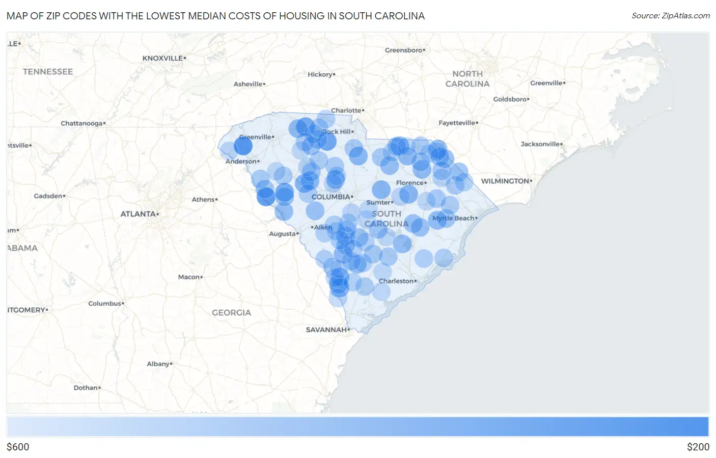 Zip Codes with the Lowest Median Costs of Housing in South Carolina Map