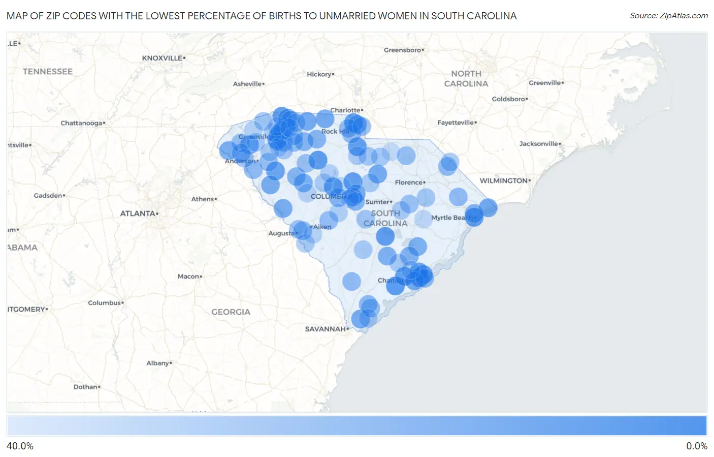 Zip Codes with the Lowest Percentage of Births to Unmarried Women in South Carolina Map