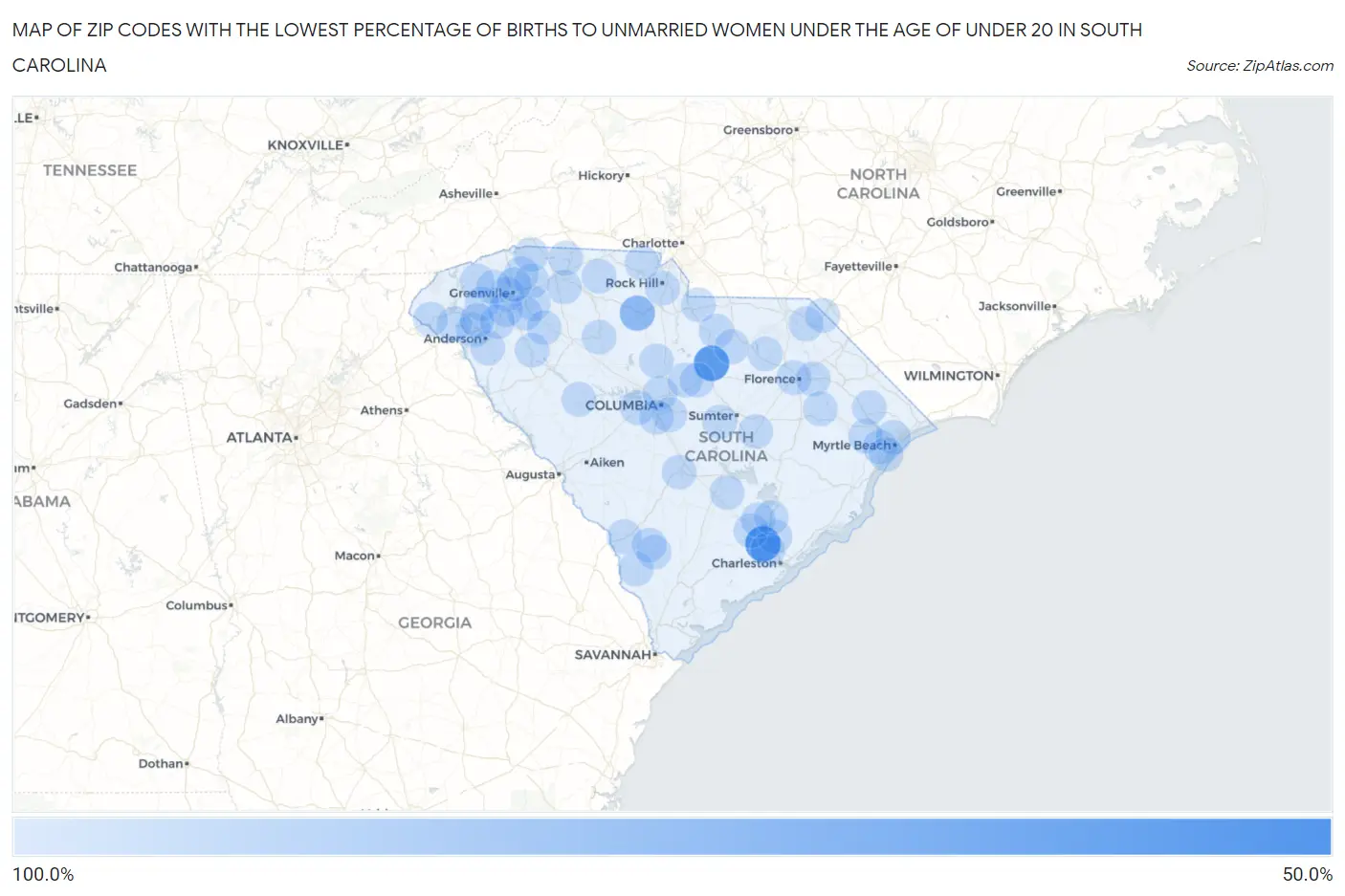 Zip Codes with the Lowest Percentage of Births to Unmarried Women under the Age of under 20 in South Carolina Map