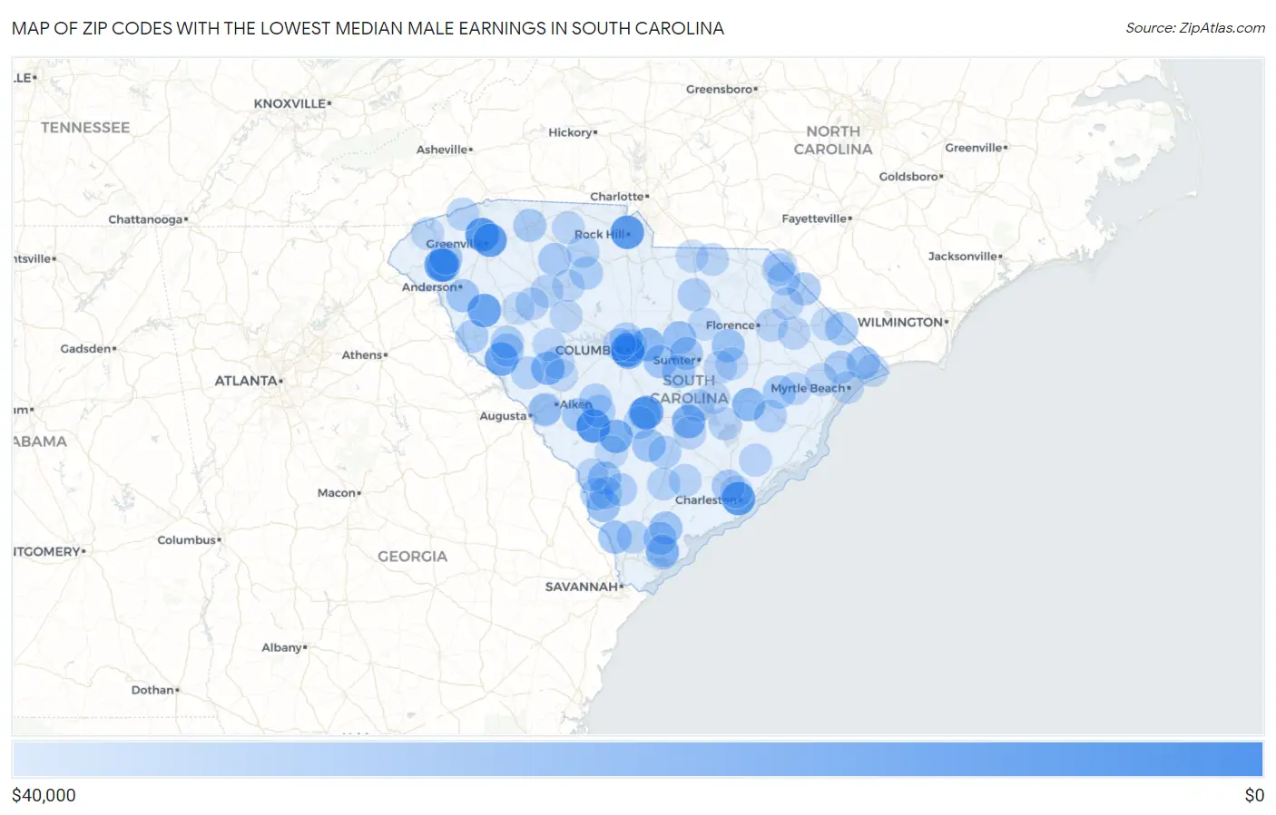 Zip Codes with the Lowest Median Male Earnings in South Carolina Map
