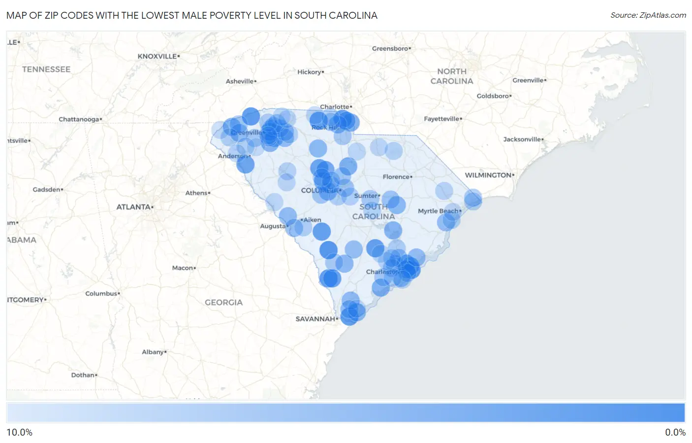 Zip Codes with the Lowest Male Poverty Level in South Carolina Map