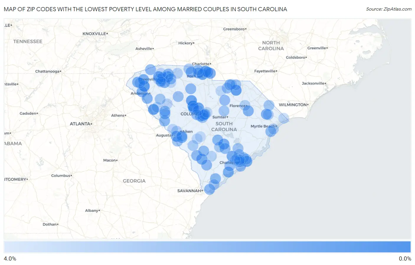 Zip Codes with the Lowest Poverty Level Among Married Couples in South Carolina Map