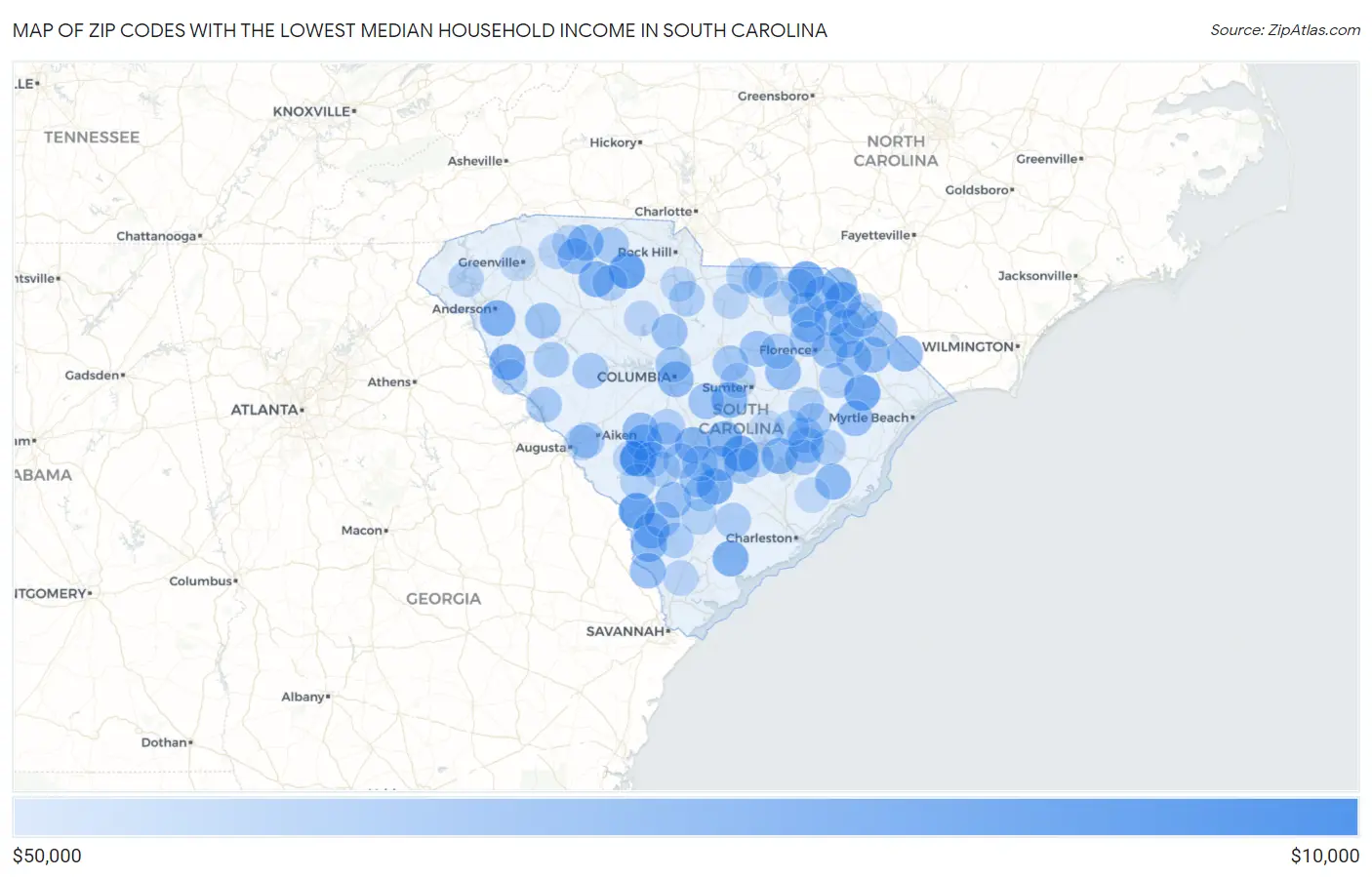 Zip Codes with the Lowest Median Household Income in South Carolina Map