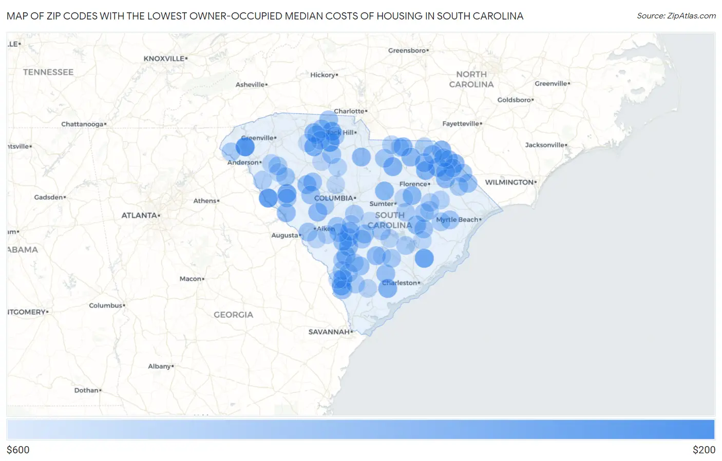 Zip Codes with the Lowest Owner-Occupied Median Costs of Housing in South Carolina Map