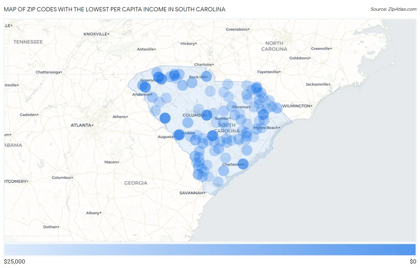 Zip Codes with the Lowest Per Capita Income in South Carolina Map
