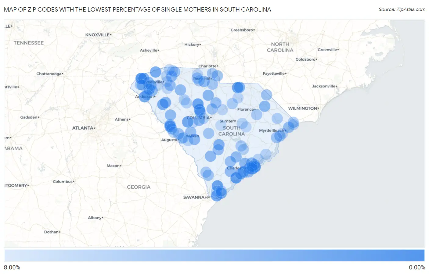 Zip Codes with the Lowest Percentage of Single Mothers in South Carolina Map