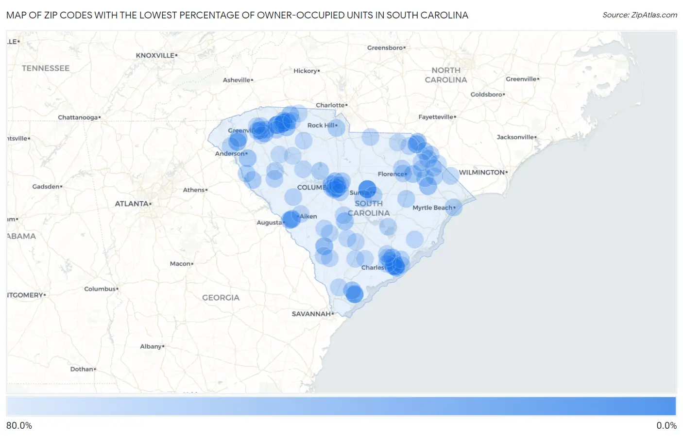 Zip Codes with the Lowest Percentage of Owner-Occupied Units in South Carolina Map