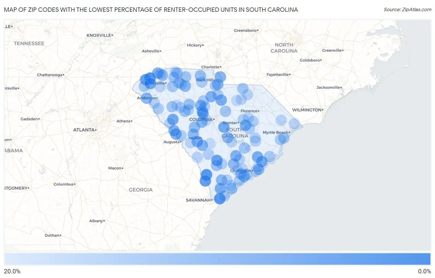 Zip Codes with the Lowest Percentage of Renter-Occupied Units in South Carolina Map