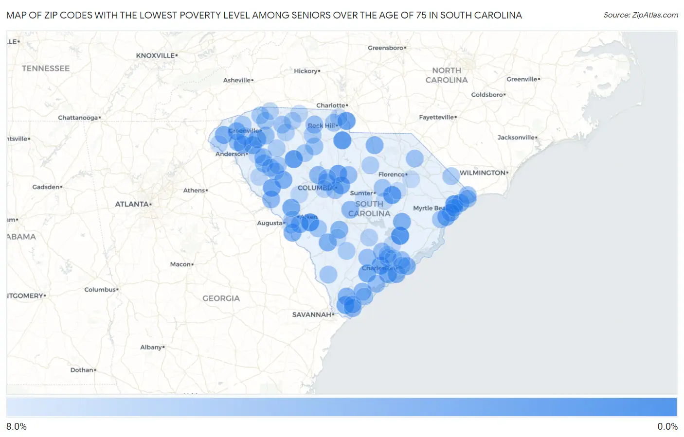 Zip Codes with the Lowest Poverty Level Among Seniors Over the Age of 75 in South Carolina Map