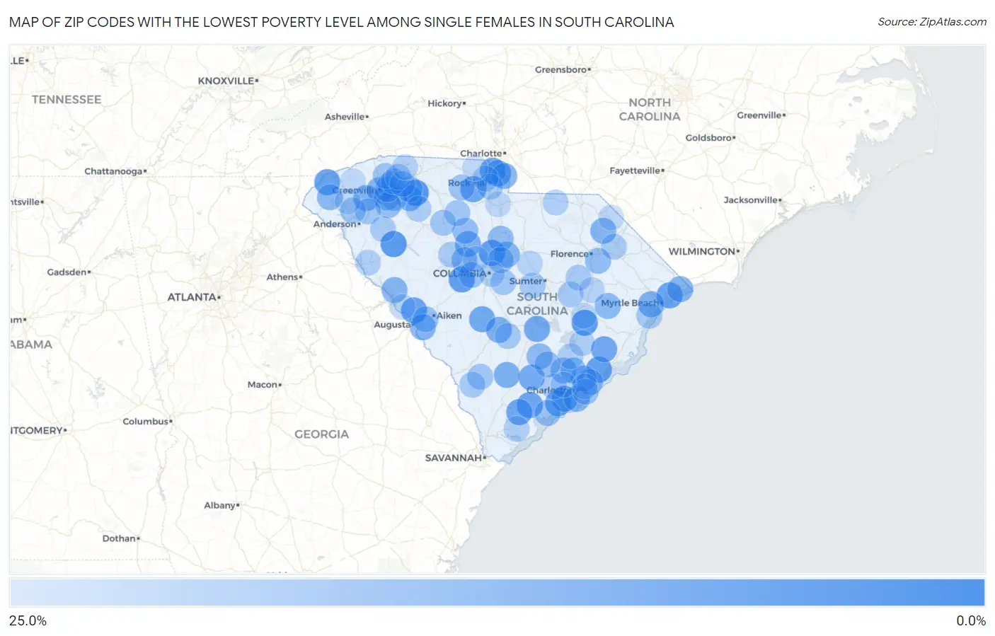 Zip Codes with the Lowest Poverty Level Among Single Females in South Carolina Map