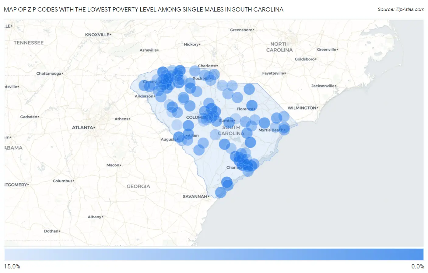 Zip Codes with the Lowest Poverty Level Among Single Males in South Carolina Map