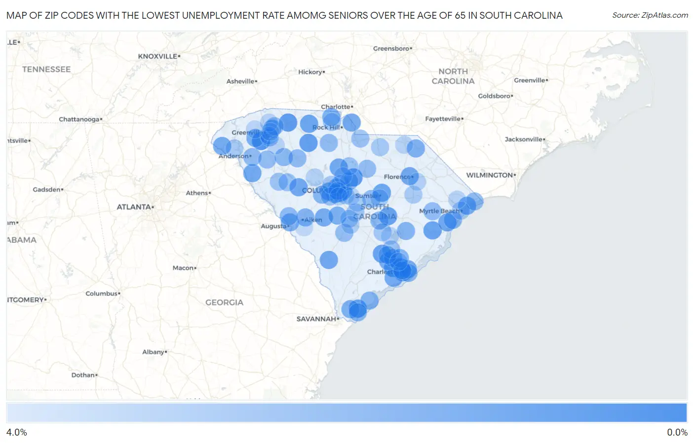 Zip Codes with the Lowest Unemployment Rate Amomg Seniors Over the Age of 65 in South Carolina Map