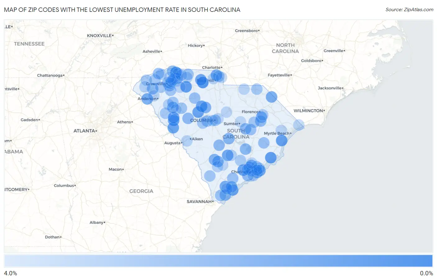 Zip Codes with the Lowest Unemployment Rate in South Carolina Map