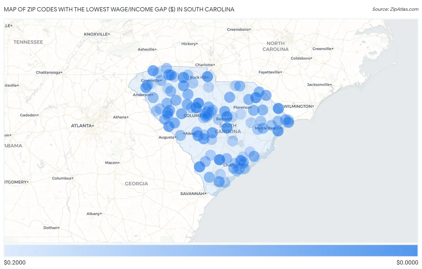 Zip Codes with the Lowest Wage/Income Gap ($) in South Carolina Map