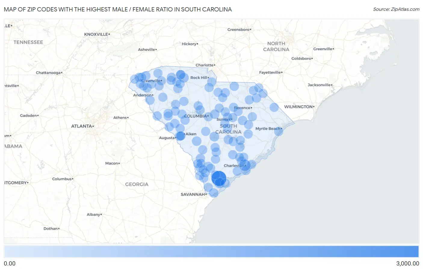 Zip Codes with the Highest Male / Female Ratio in South Carolina Map