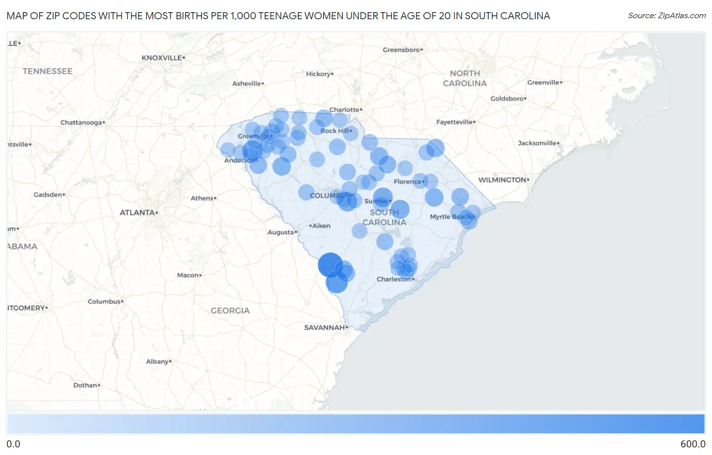 Zip Codes with the Most Births per 1,000 Teenage Women Under the Age of 20 in South Carolina Map