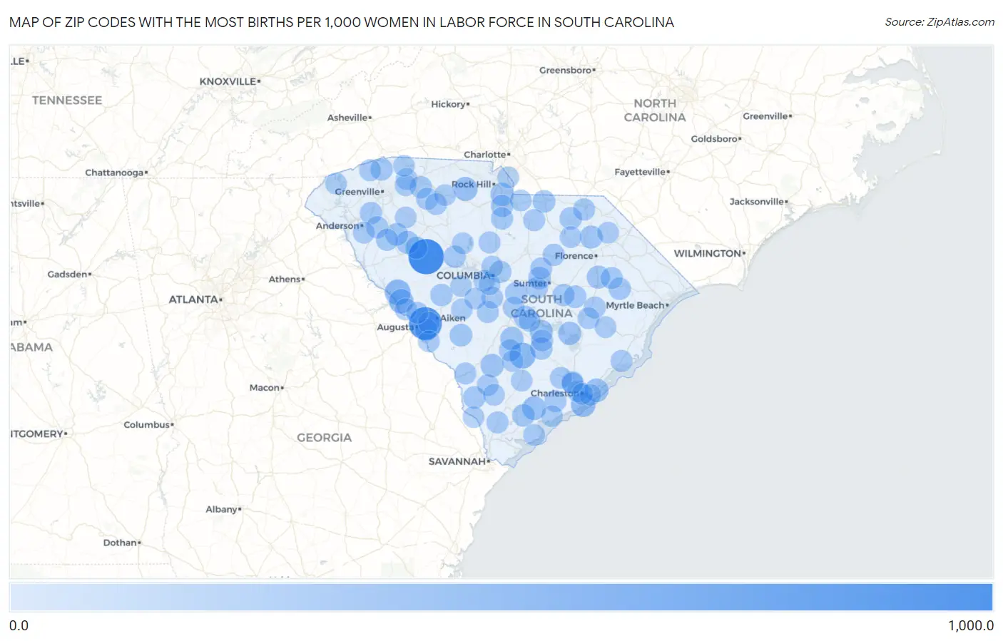 Zip Codes with the Most Births per 1,000 Women in Labor Force in South Carolina Map