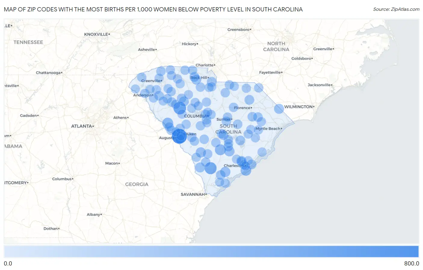 Zip Codes with the Most Births per 1,000 Women Below Poverty Level in South Carolina Map