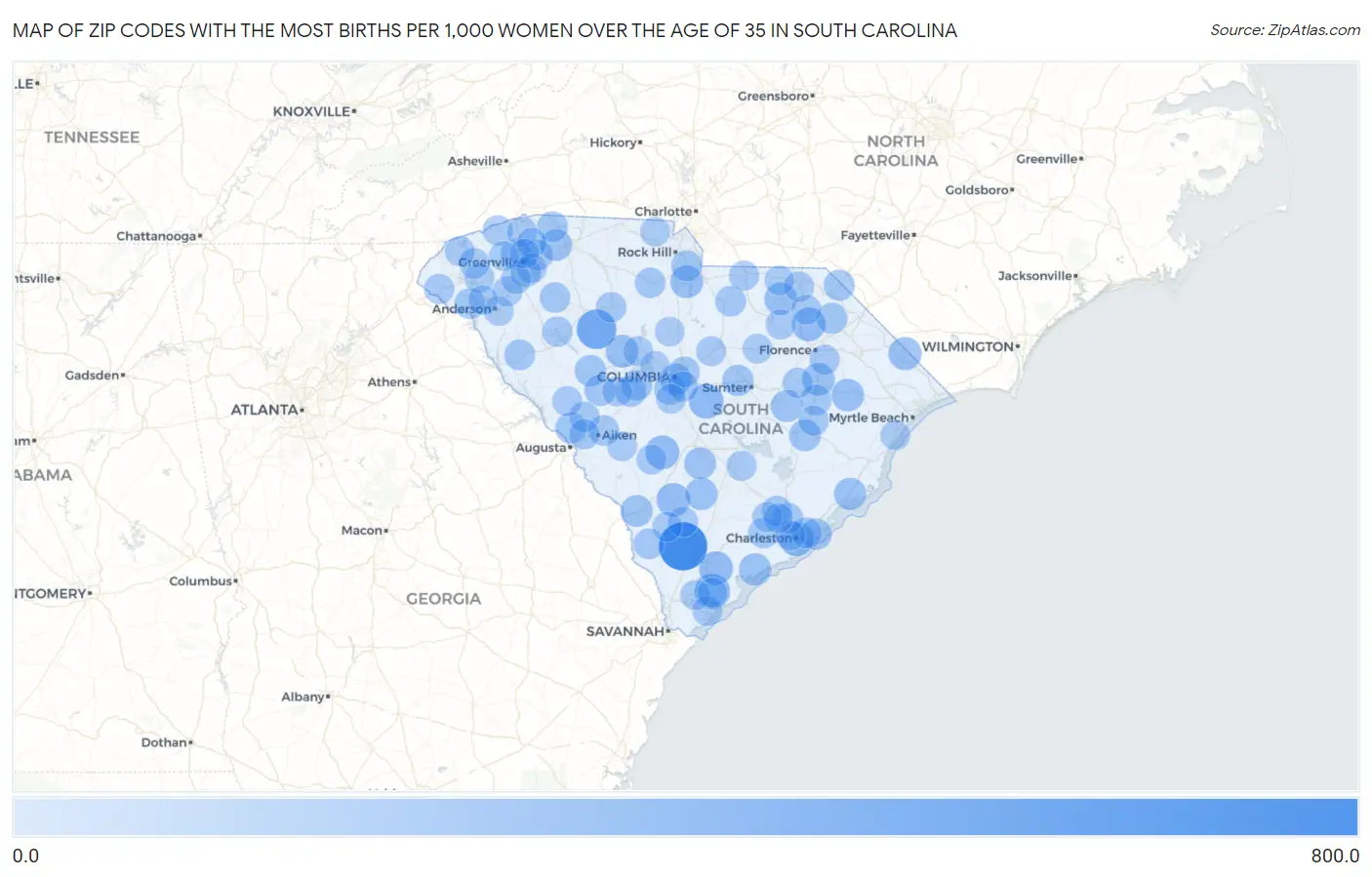 Zip Codes with the Most Births per 1,000 Women Over the Age of 35 in South Carolina Map