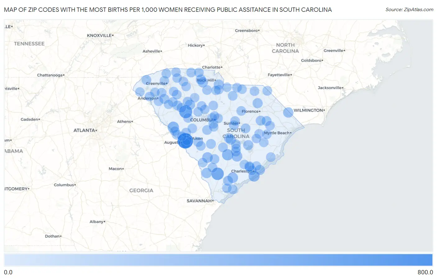 Zip Codes with the Most Births per 1,000 Women Receiving Public Assitance in South Carolina Map