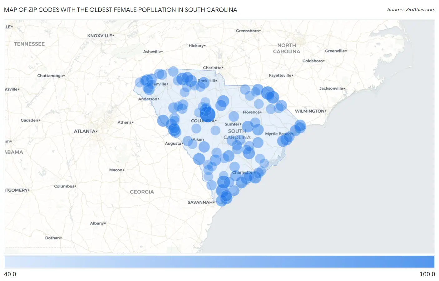 Zip Codes with the Oldest Female Population in South Carolina Map