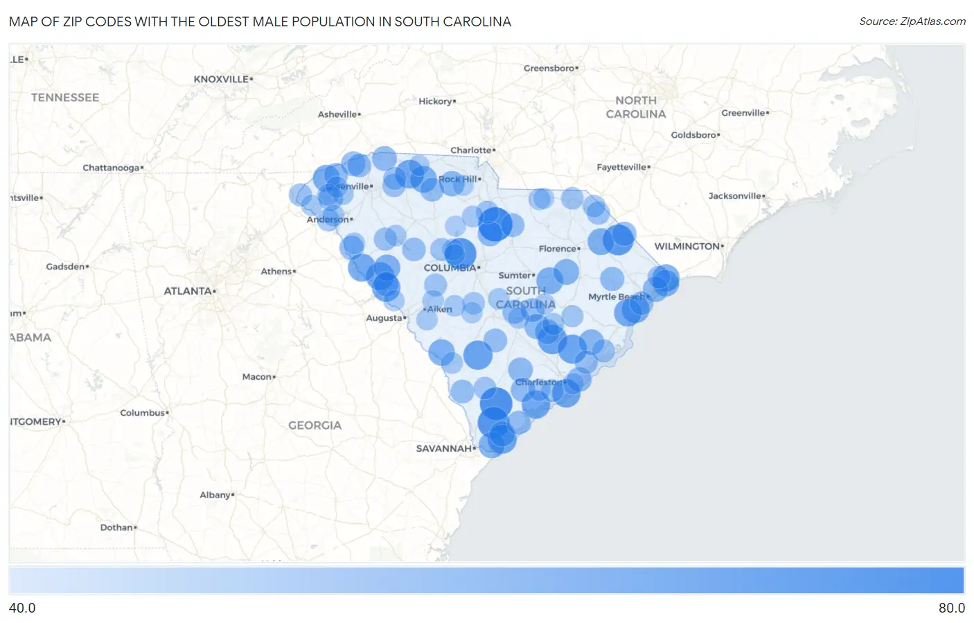 Zip Codes with the Oldest Male Population in South Carolina Map