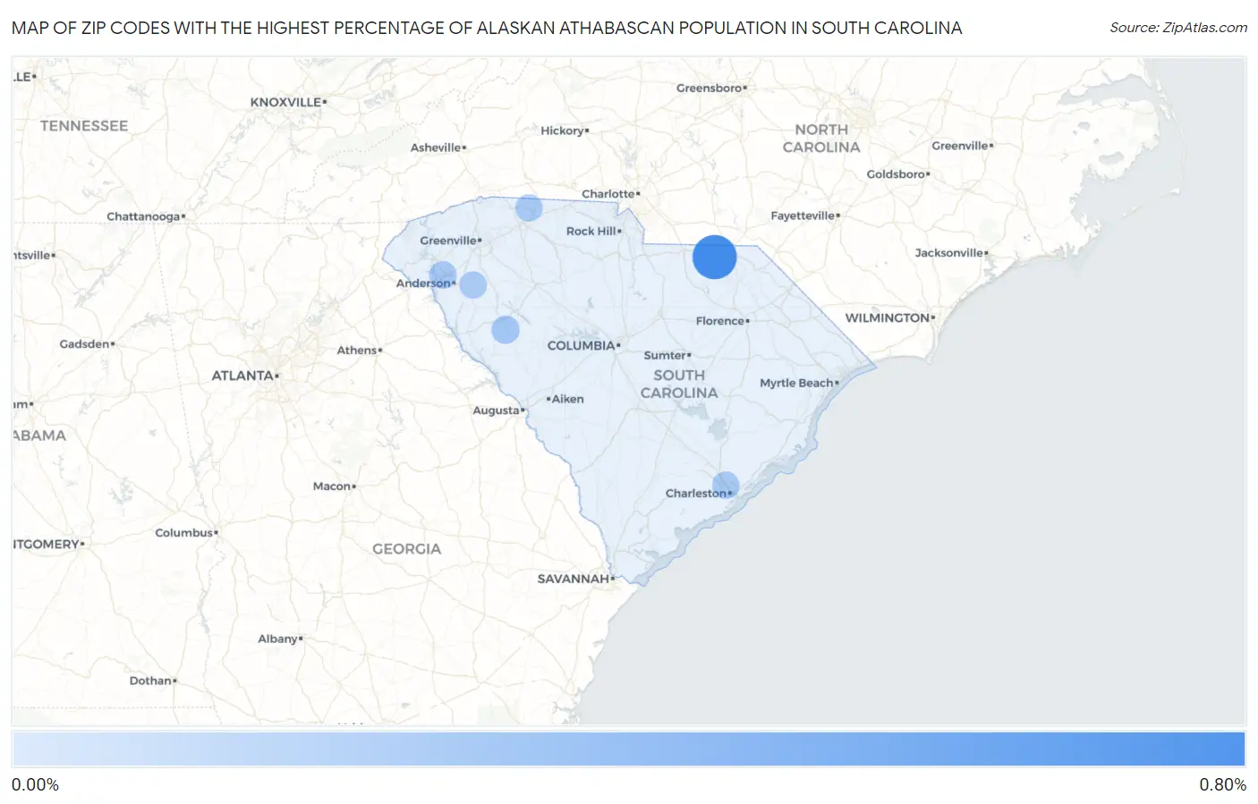 Zip Codes with the Highest Percentage of Alaskan Athabascan Population in South Carolina Map