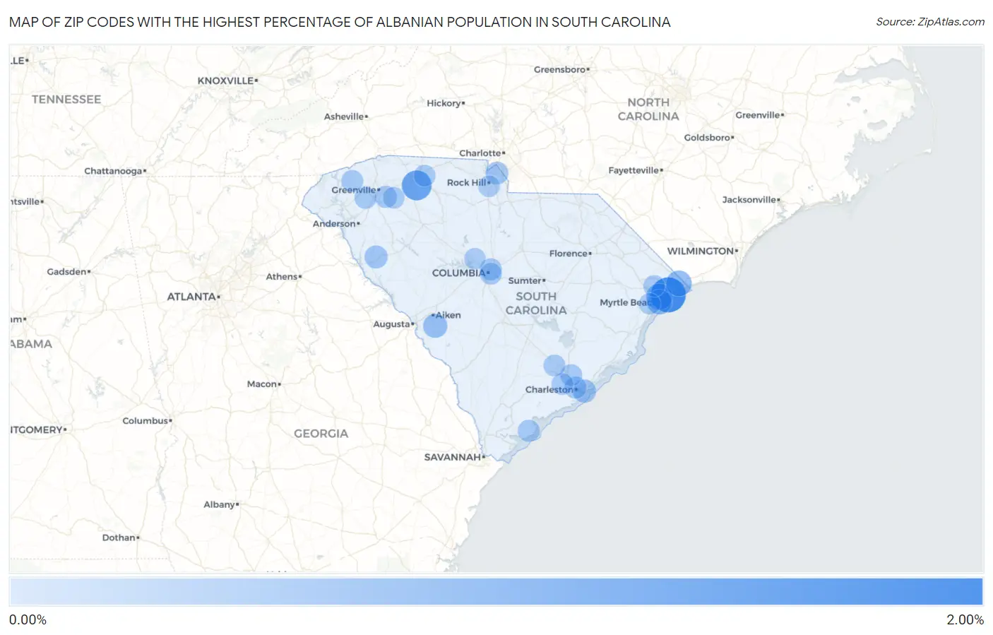 Zip Codes with the Highest Percentage of Albanian Population in South Carolina Map