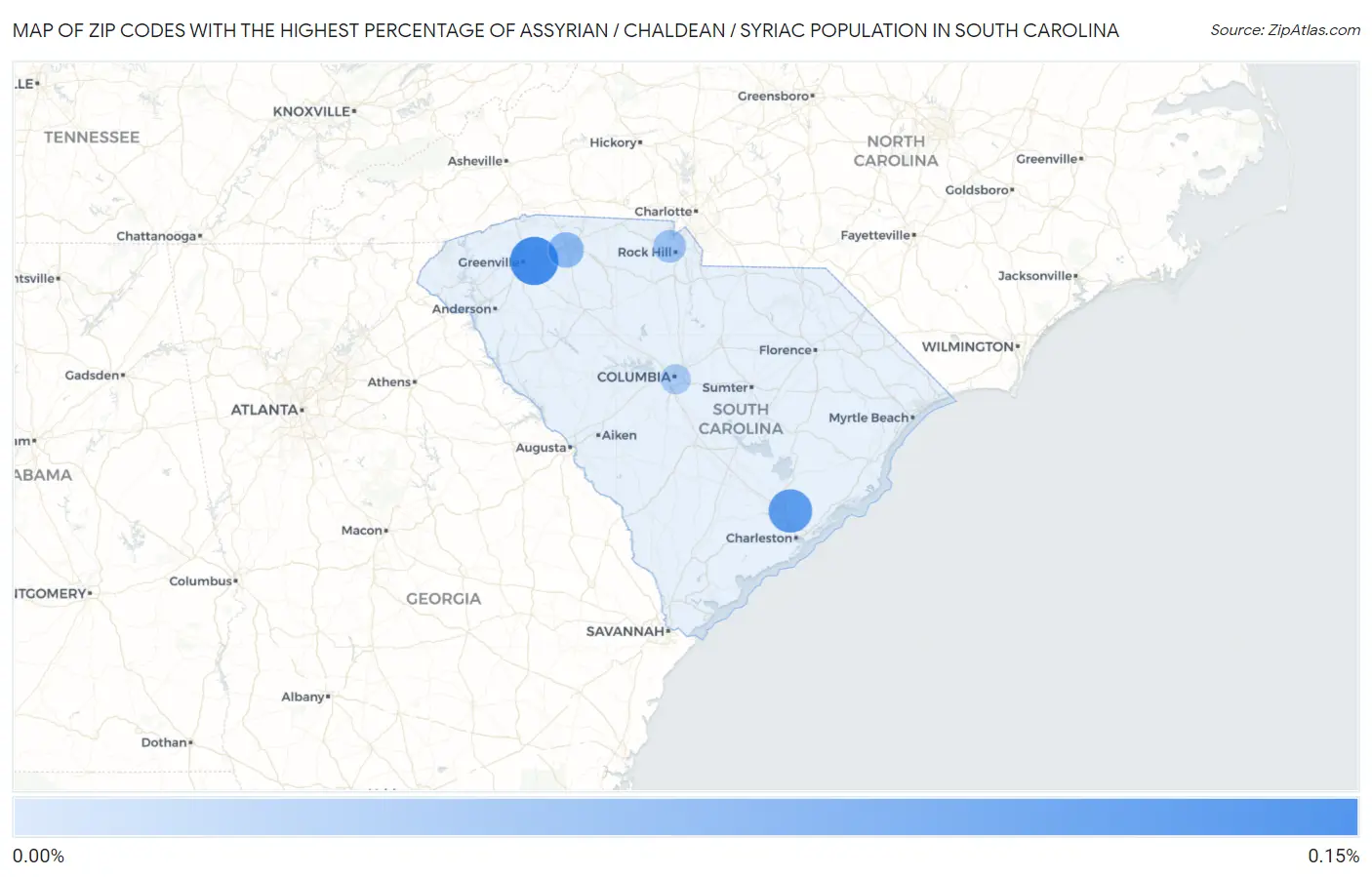 Zip Codes with the Highest Percentage of Assyrian / Chaldean / Syriac Population in South Carolina Map