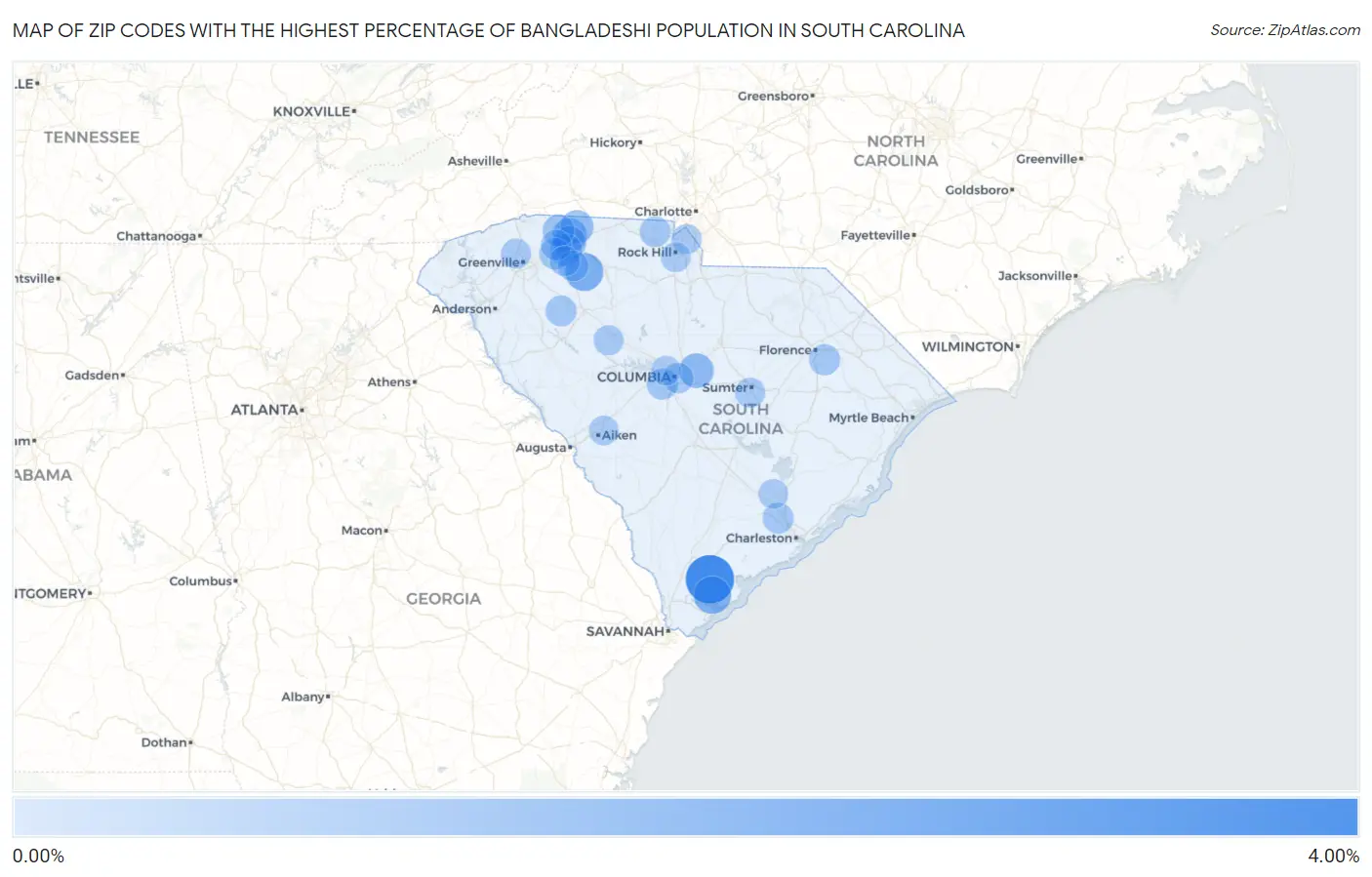 Zip Codes with the Highest Percentage of Bangladeshi Population in South Carolina Map