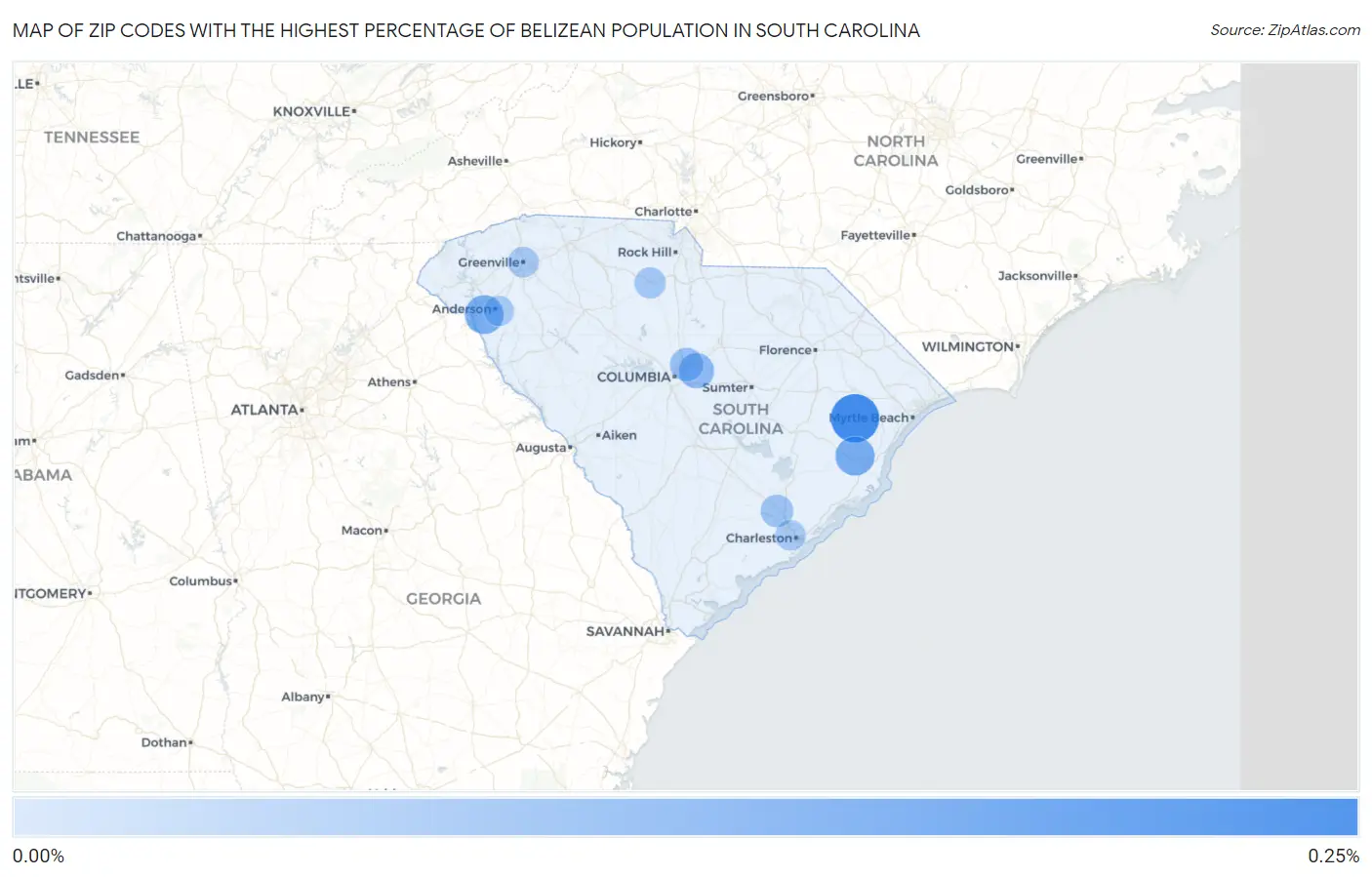 Zip Codes with the Highest Percentage of Belizean Population in South Carolina Map