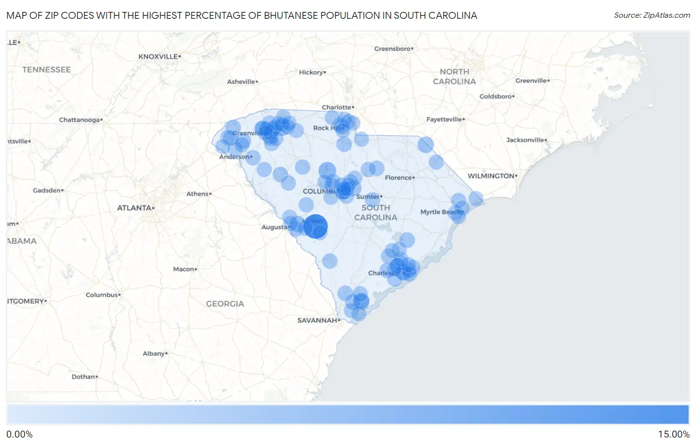 Zip Codes with the Highest Percentage of Bhutanese Population in South Carolina Map