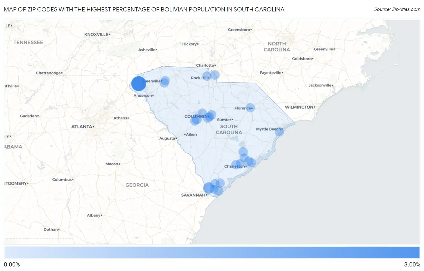 Zip Codes with the Highest Percentage of Bolivian Population in South Carolina Map