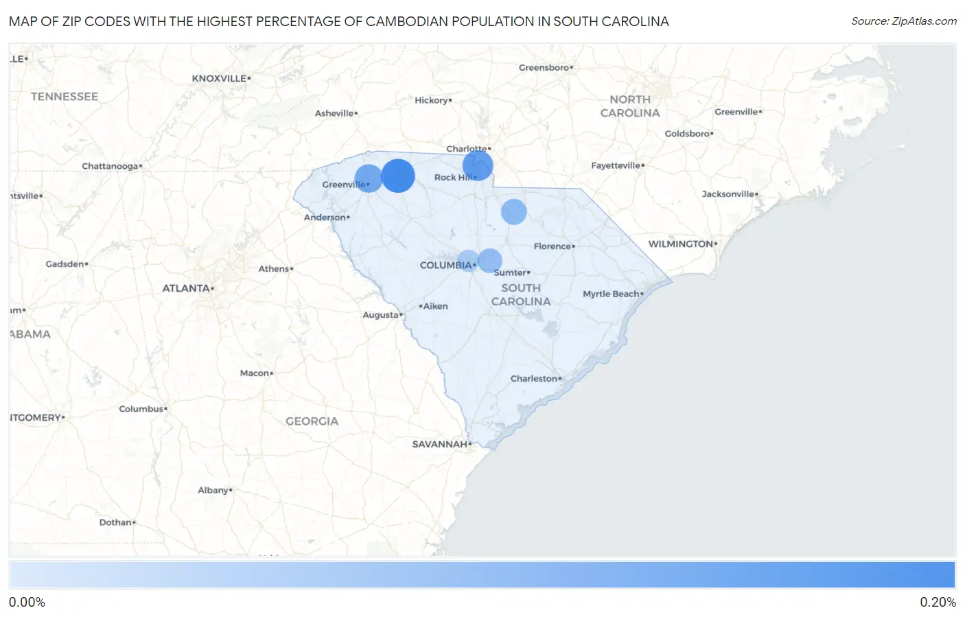 Zip Codes with the Highest Percentage of Cambodian Population in South Carolina Map