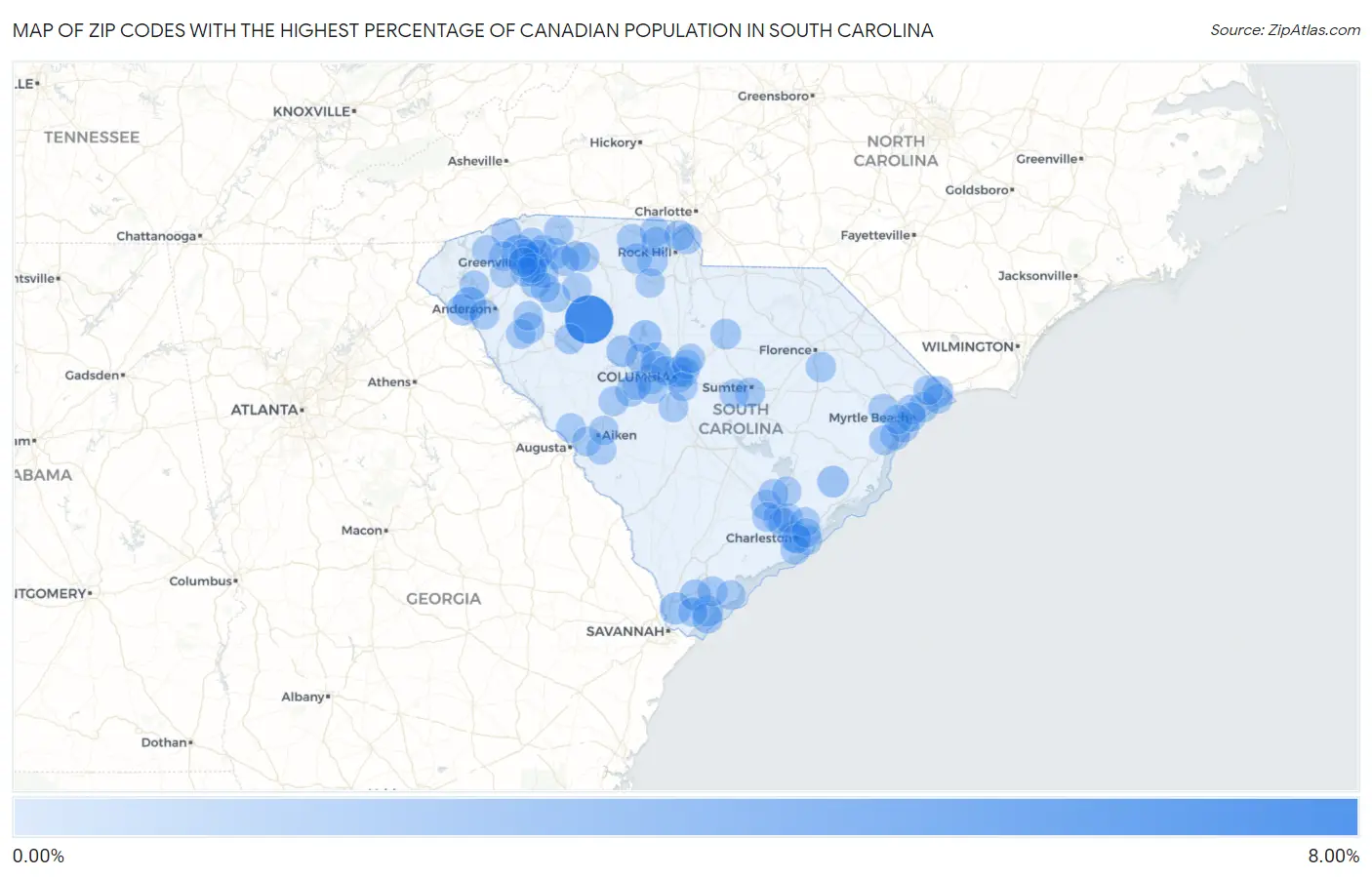 Zip Codes with the Highest Percentage of Canadian Population in South Carolina Map