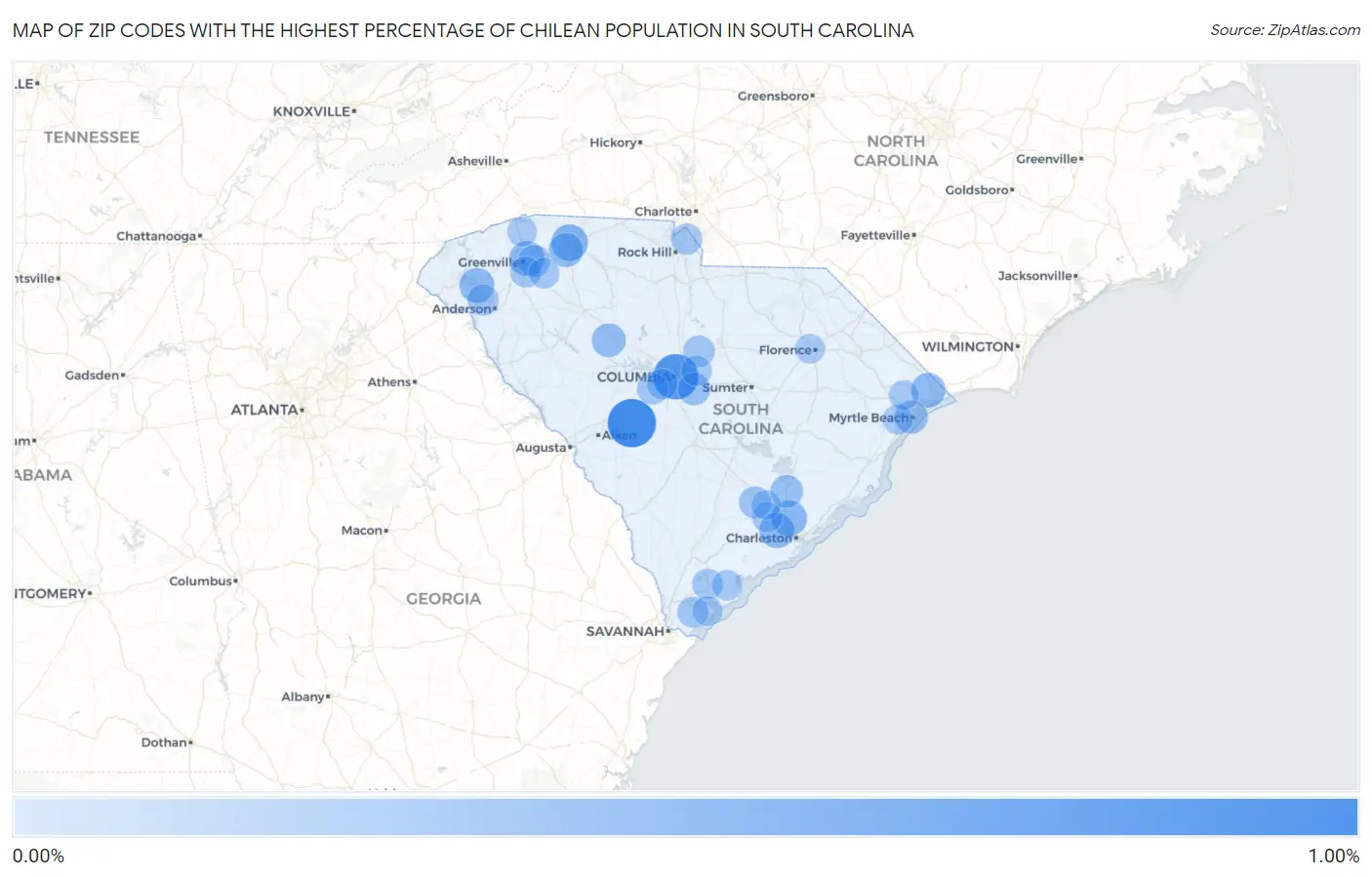 Zip Codes with the Highest Percentage of Chilean Population in South Carolina Map