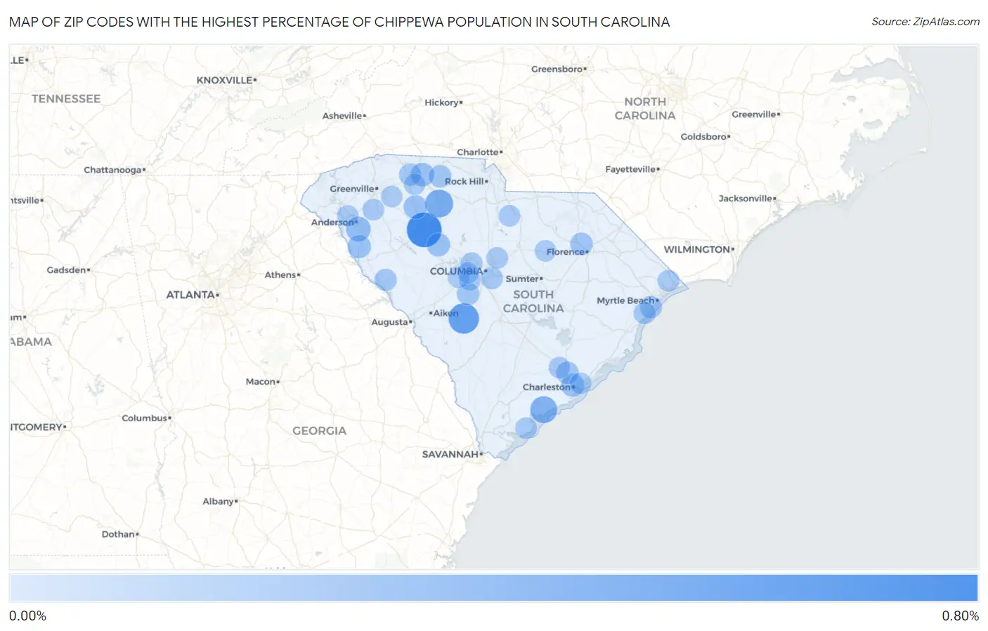 Zip Codes with the Highest Percentage of Chippewa Population in South Carolina Map