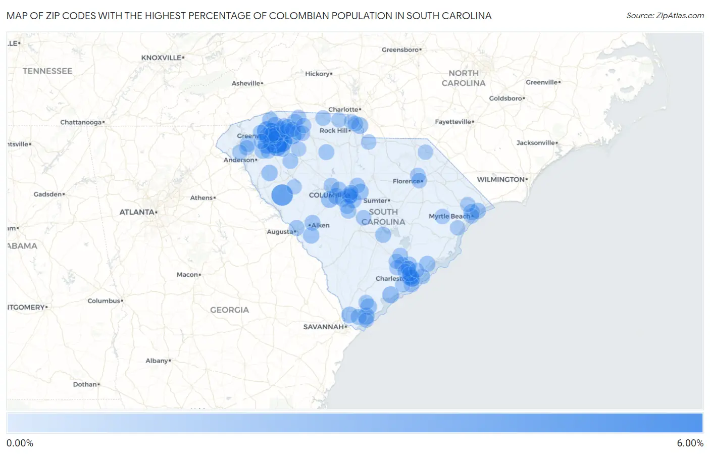 Zip Codes with the Highest Percentage of Colombian Population in South Carolina Map
