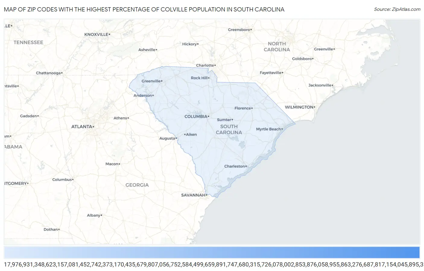 Zip Codes with the Highest Percentage of Colville Population in South Carolina Map