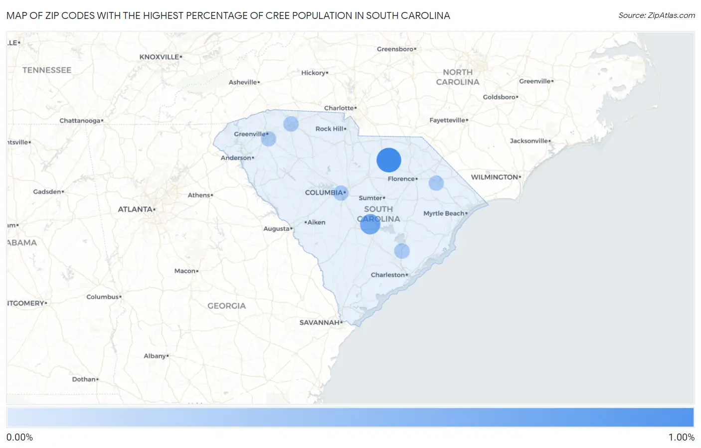 Zip Codes with the Highest Percentage of Cree Population in South Carolina Map
