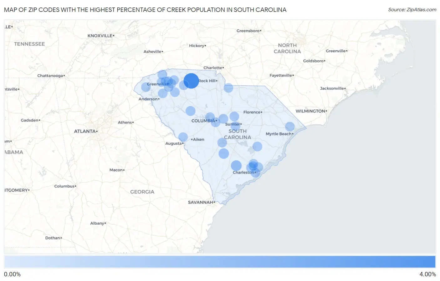Zip Codes with the Highest Percentage of Creek Population in South Carolina Map